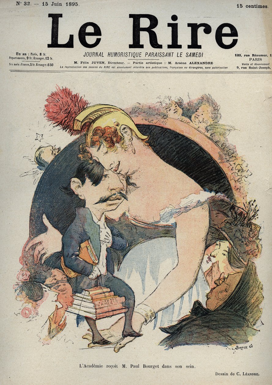 بول بورجيه (1852-1935) الكاتب الفرنسي - الأكاديمية (الفرنسية) يستقبل بول بورجيه في حضنه - رسم كاريكاتوري لتشارلز لياندر (1862-1934) في "Le Rire" في 15 يونيو بواسطة تشارلز ليندر