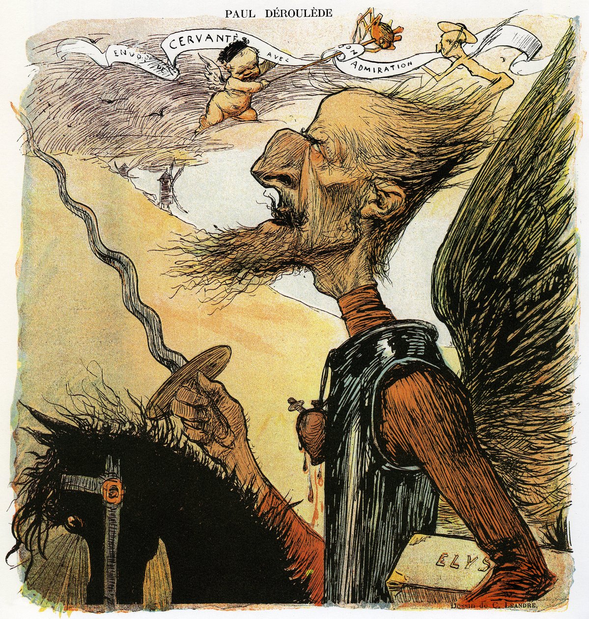 Paul Deroulede (1846-1914), French writer and nationalist activist, an important actor in antidreyfusism, caricature by Charles Leandre as a knight Don Quixote: going to fight against windmills, he carries under his arm a suitcase marked “Elysee””” - Drawi بواسطة تشارلز ليندر