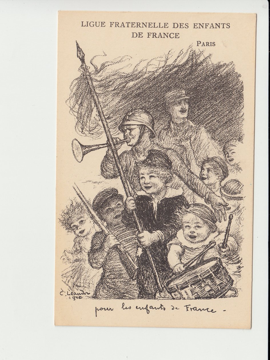 Postcard, Satirique en N & B: Ligue fraternelle des enfants de France - War of 14 -18, Music, Childhood, Ligue fraternelle des enfants de France - Soldiers Illustration by Charles Leandre (1862-1934) بواسطة تشارلز ليندر