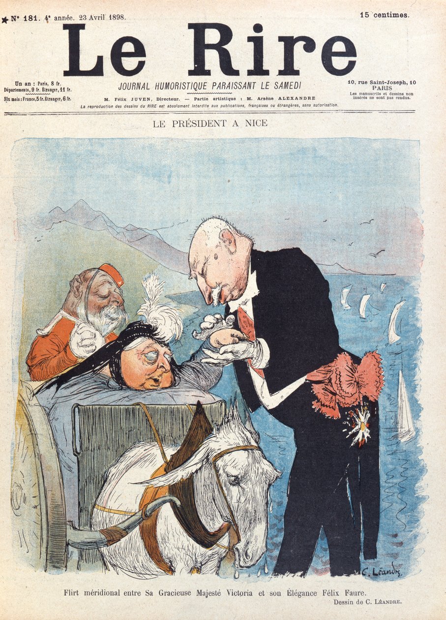 الملكة فيكتوريا (1819-1901) تغازل الرئيس فيليكس فوري (1841-1899) أثناء عطلتها في نيس ، غلاف مجلة "لو راير" ، 23 أبريل 1898 بواسطة تشارلز ليندر