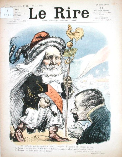 استقبال الرئيس إميل لوبيه (1838-1929) من قبل الحاكم العام للجزائر ، AJP Revoil ، رسم كاريكاتوري من فيلم Le Rire بواسطة تشارلز ليندر