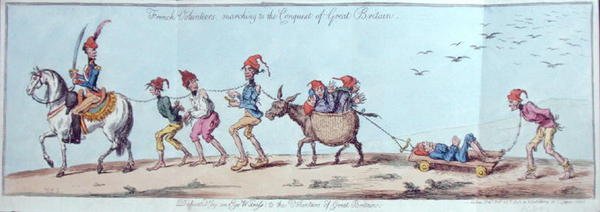 المتطوعون الفرنسيون يسيرون في مسيرة غزو بريطانيا العظمى ، حفرها جيمس جيلراي (1757-1815) التي نشرتها هانا همفري في عام 1803 (نقش ملون يدويًا) بواسطة تشارلز لورين (بعد) سميث