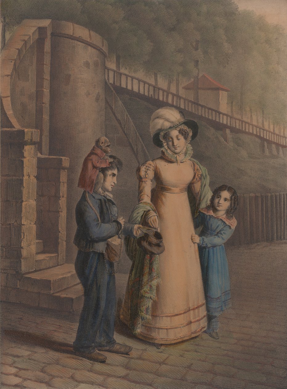 صبي يحمل قردًا على كتفه يتلقى عملات معدنية من أم وابنته ، 1803-40. بواسطة تشارلز لويس كونستانس