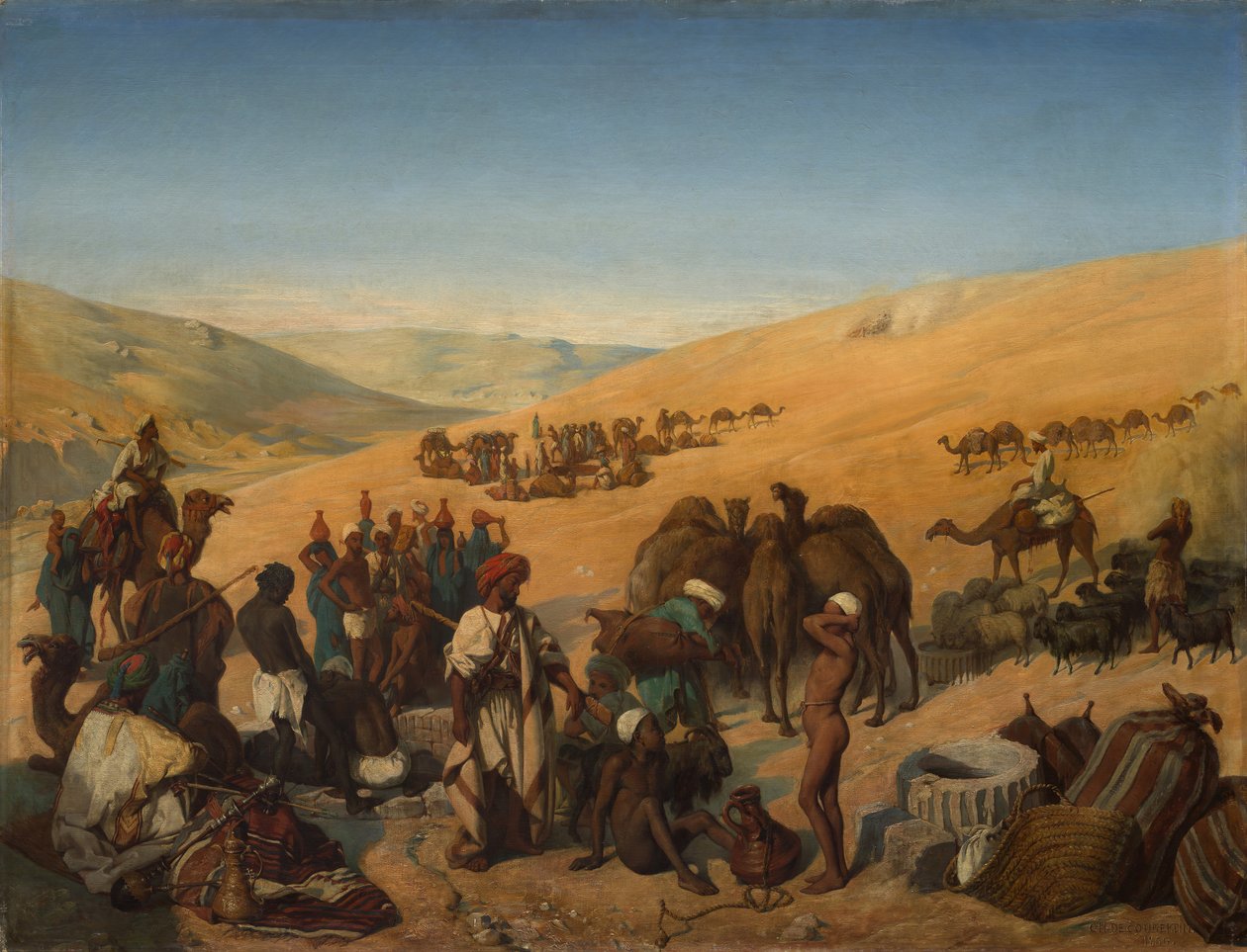 توقف القوافل في آبار سابا بئر السبع في الصحراء جنوب الخليل ، 1850. بواسطة تشارلز لويس فريدي دي كوبرتين