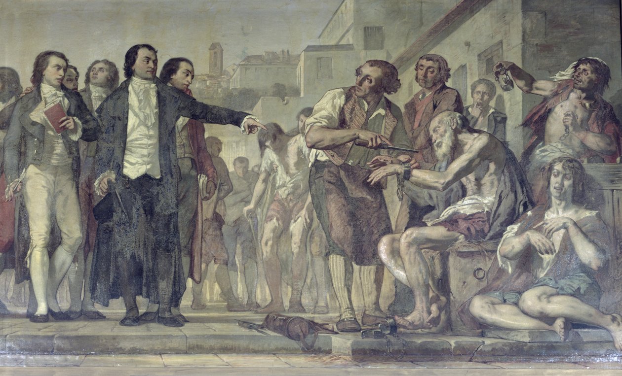فيليب بينيل 1745-1826 يطلق سراح المجانين من سلاسلهم في ملجأ بيسيتر في باريس عام 1793 ، 1840-50 زيت على قماش من 163956 بواسطة تشارلز لويس لوسيان مولر