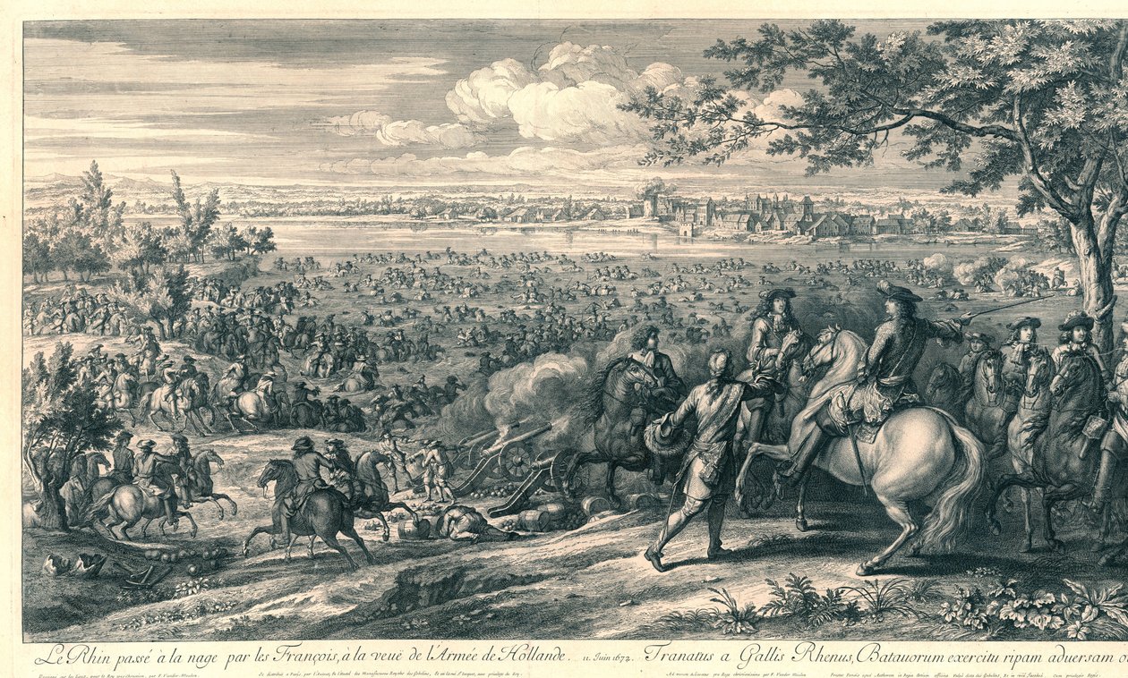 De Franse Legers steken bij Lobith de Rijn over ، 1672 سبح الفرنسيون نهر الراين على مرأى من جيش هولندا (العنوان على الشيء) بواسطة تشارلز لويس سيمونو
