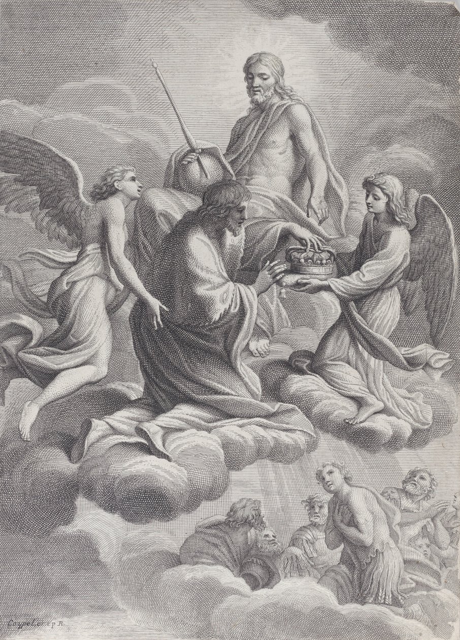 استقبل المسيح القديس لويس الفرنسي في الجنة واثنين من الملائكة الذين قدموا له ج ... ، 1671-80. بواسطة تشارلز لويس سيمونو