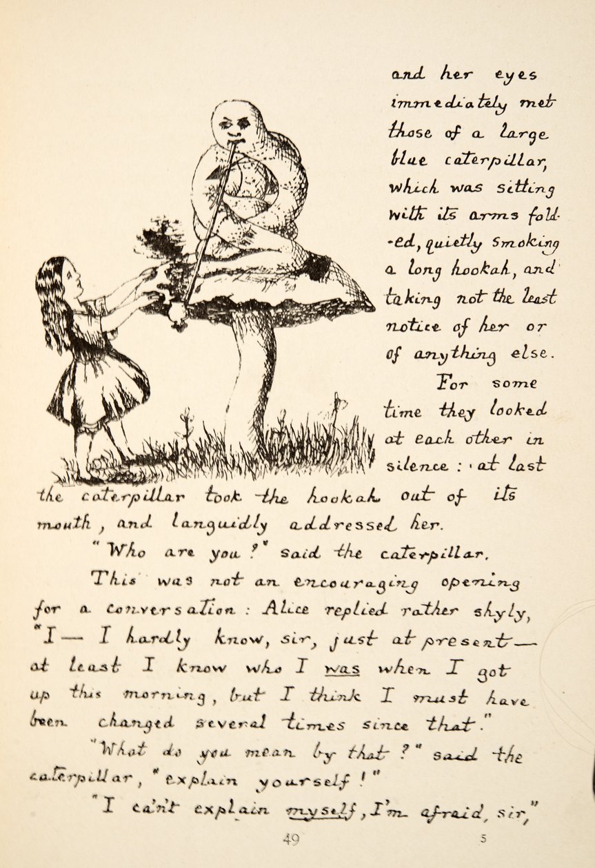 تحصل أليس على النصيحة من Blue Caterpillar ، التوضيح من Alices Adventures Under Ground ، الحانة. 1886 (فاكس) بواسطة تشارلز لوتويدج دودجسون