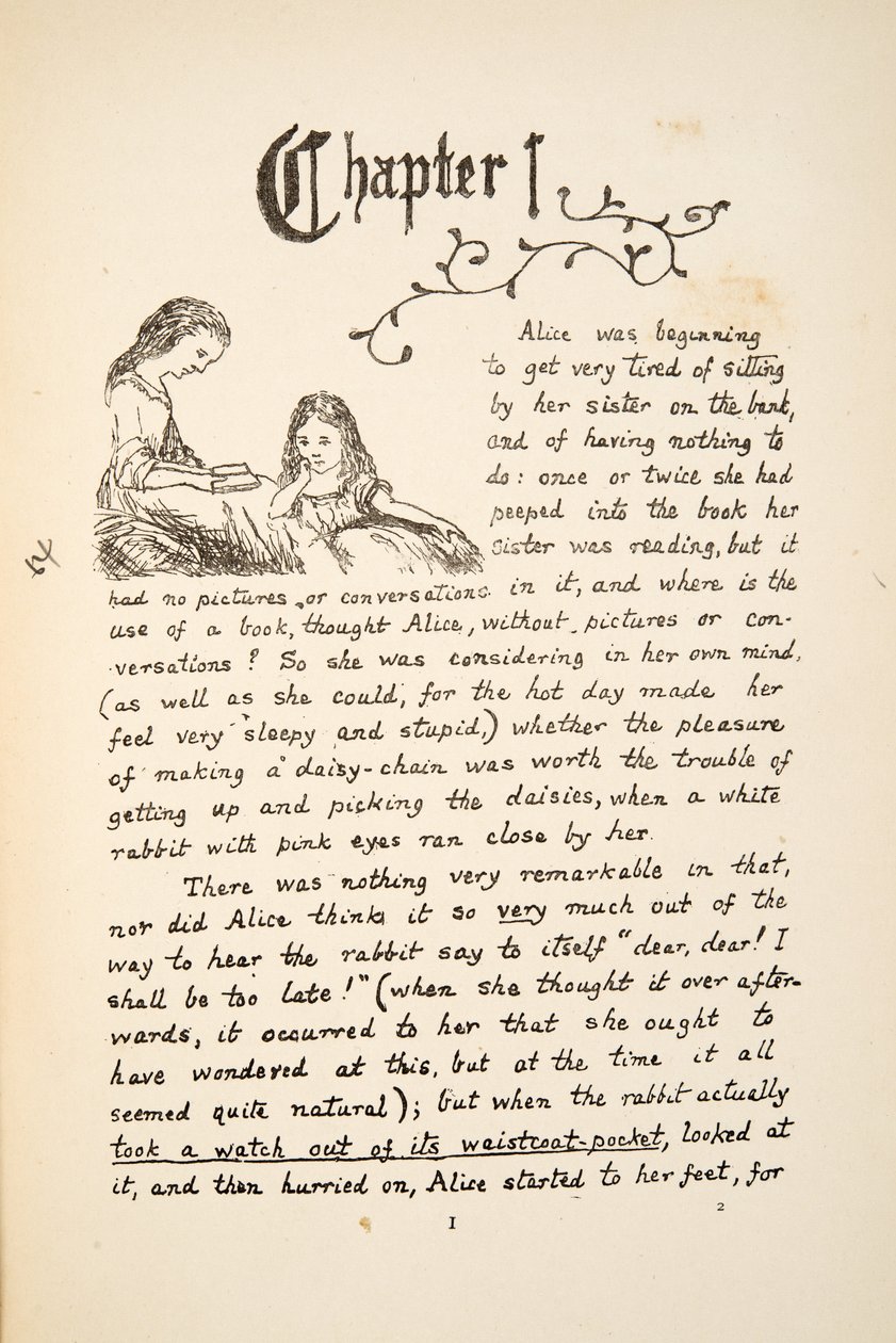أليس مع أختها ، رسم توضيحي من Alices Adventures Under Ground ، حانة. 1886 (فاكس) بواسطة تشارلز لوتويدج دودجسون