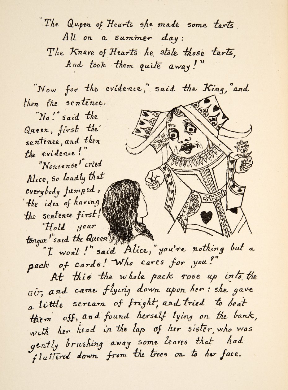 تقول الملكة الحمراء امسك لسانك بأليس ، التوضيح من Alices Adventures Under Ground ، الحانة. 1886 (فاكس) بواسطة تشارلز لوتويدج دودجسون