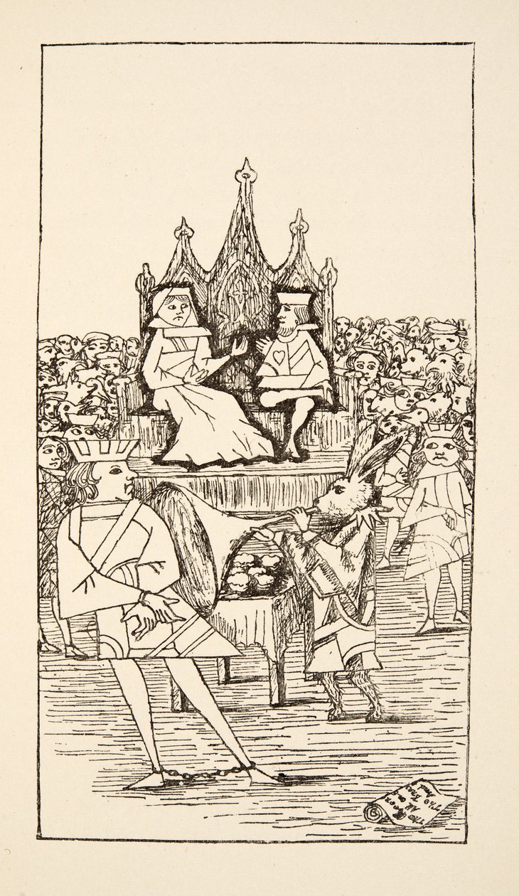 محاكمة Knave of Hearts ، توضيح من Alices Adventures Under Ground ، حانة. 1886 (فاكس) بواسطة تشارلز لوتويدج دودجسون