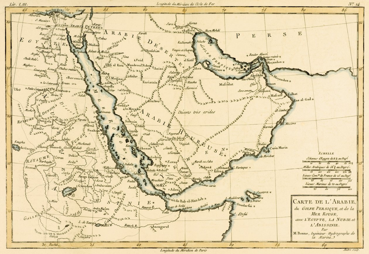 شبه الجزيرة العربية والخليج الفارسي والبحر الأحمر ، مع مصر والنوبة والحبشة ، من "أطلس دي توتس ليه كونتينس دو غلوب تيريستر" بقلم غيوم راينال (1713-96) المنشورة جنيف ، 1780 (ملونة بواسطة تشارلز ماري ريغوبرت بون