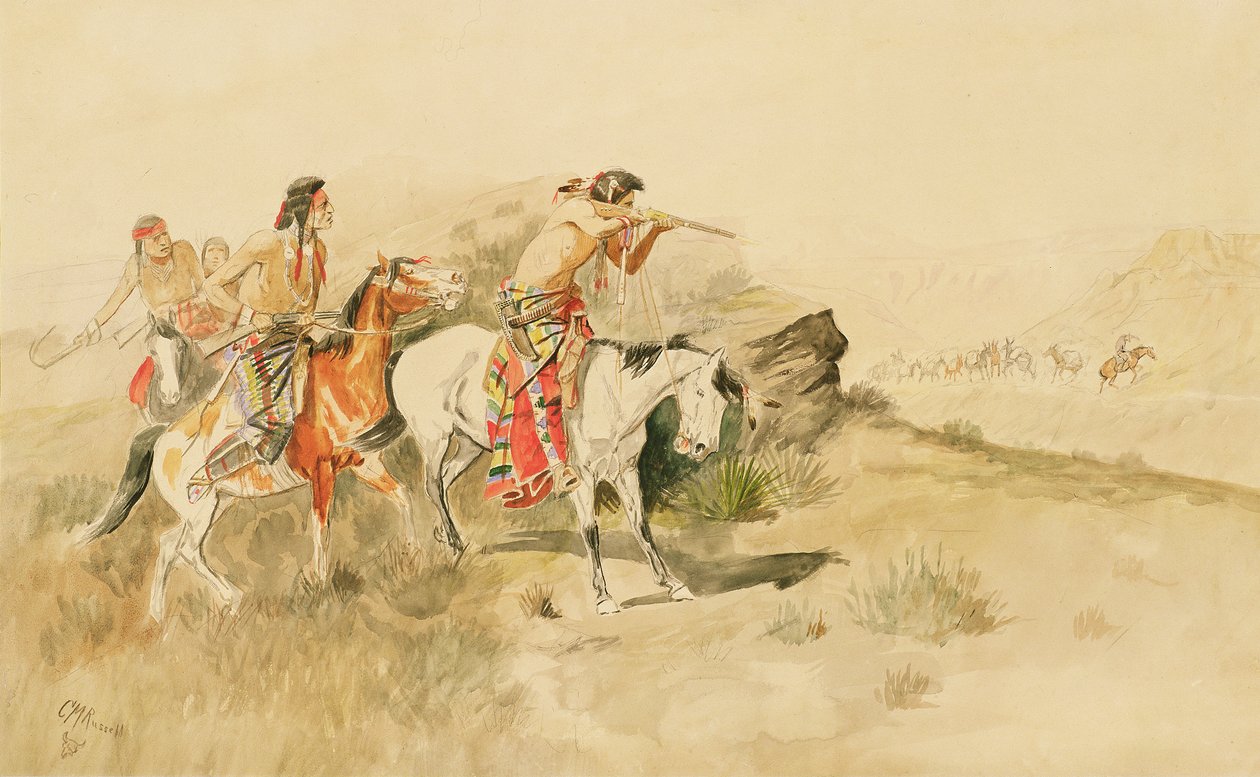 Attack on Muleteers، c.1895 (قلم رصاص ومرحاض على ورق) بواسطة تشارلز ماريون راسل