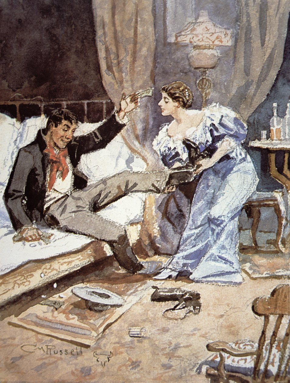 فتاة الصالون مع راعي بقر مخمور ، حوالي 1898 (ألوان مائية على ورق) بواسطة تشارلز ماريون راسل