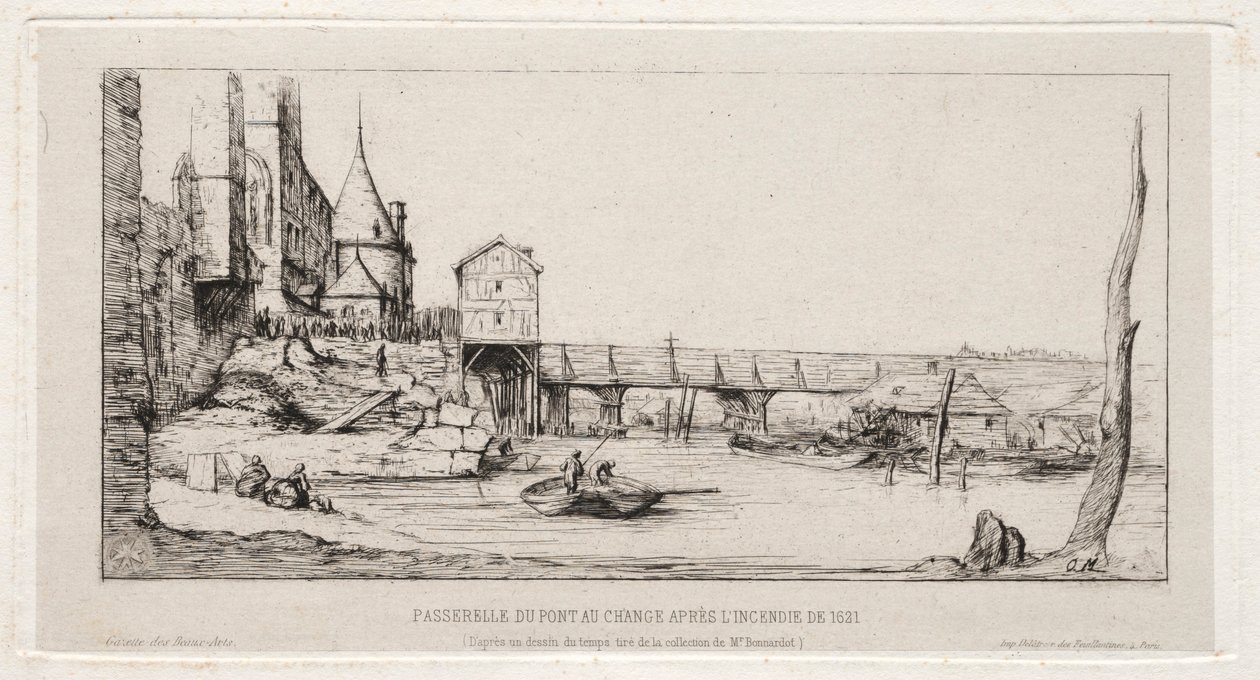 جسر المشاة يحل محل جسر التبادل مؤقتًا ، باريس ، بعد حريق 1621 ، 1860. بواسطة تشارلز ميريون
