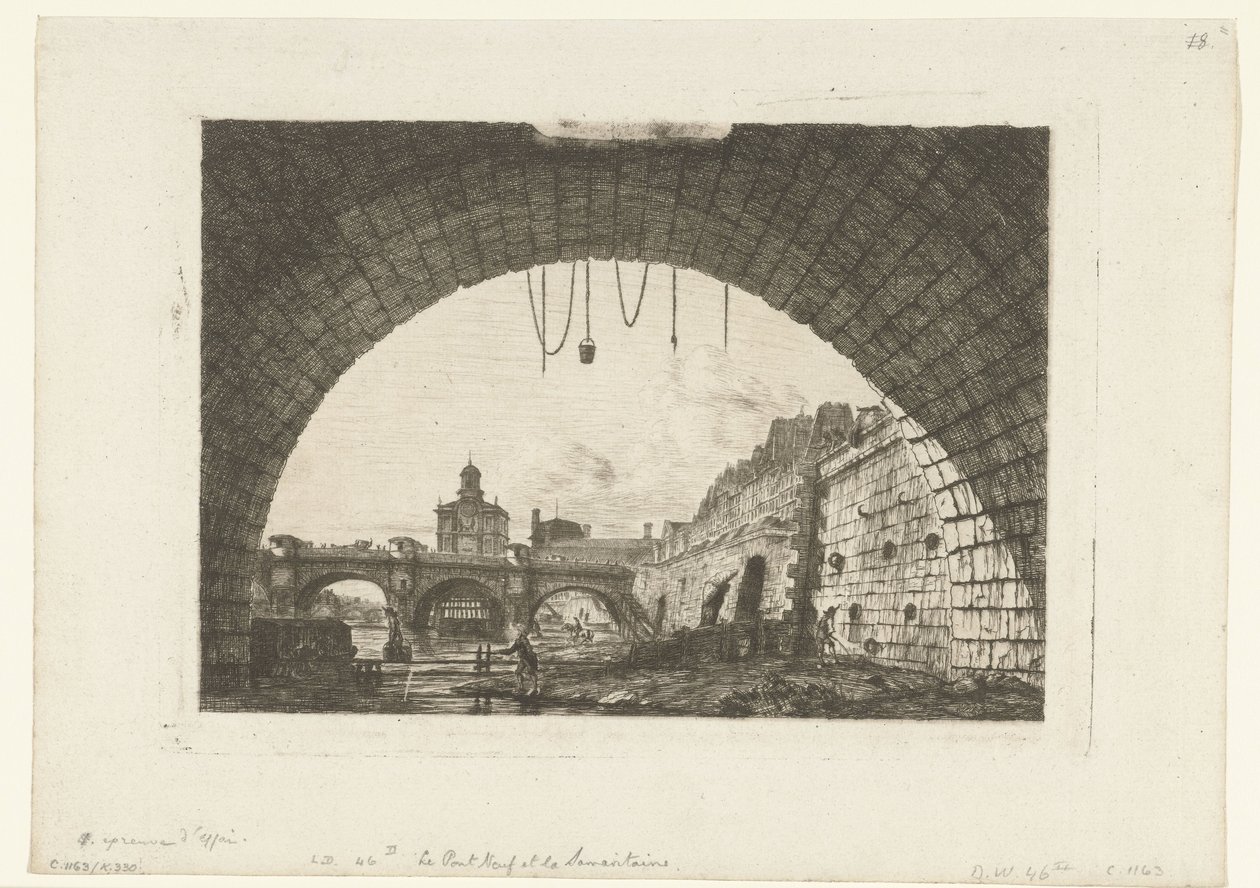 Gezicht op Pont-Neuf van onder boog Pont-au-Change في باريس ال Pont Neuf و Samaritaine من تحت القوس الأول من Pont au Change بواسطة تشارلز ميريون