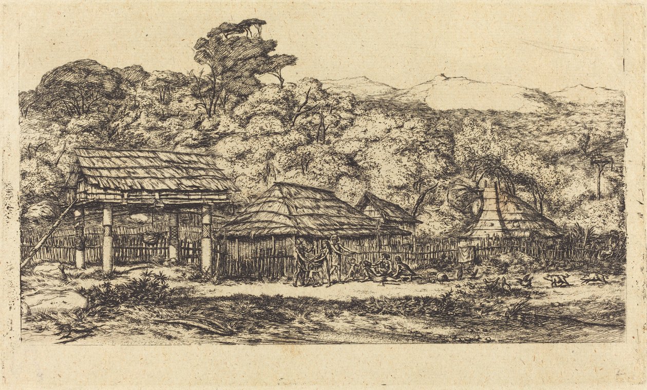 مخازن الحبوب الأصلية والمساكن في أكاروا ، جزيرة بانكس ، 1845 (الحظائر والأكواخ الأصلية في أكاروا ، شبه جزيرة البنوك ، 1845) بواسطة تشارلز ميريون