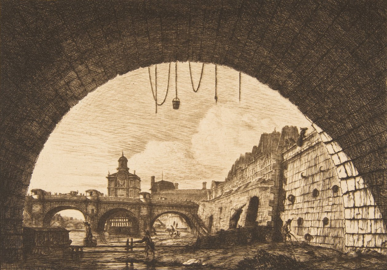 ال Pont-neuf و Samaritaine من تحت القوس الأول لـ Pont-au-Change Pont-neuf ... ، 1855. بواسطة تشارلز ميريون