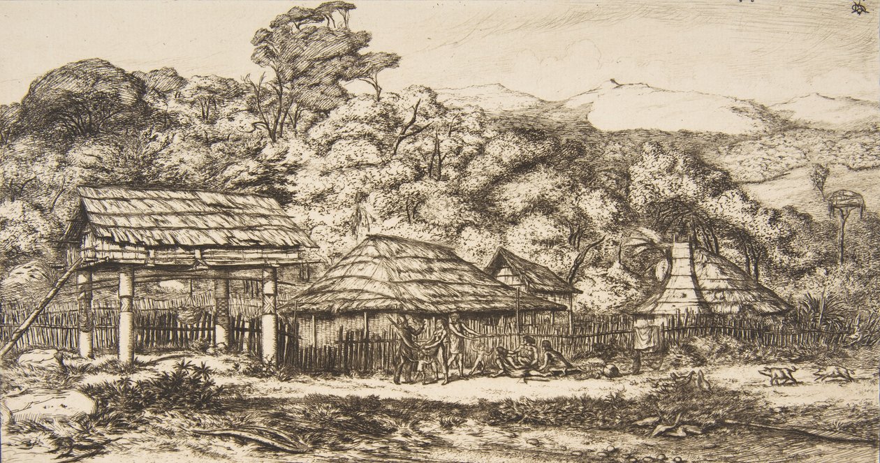 الحظائر والأكواخ الأصلية في أكاروا ، شبه جزيرة البنوك ، 1845 ، 1860. بواسطة تشارلز ميريون