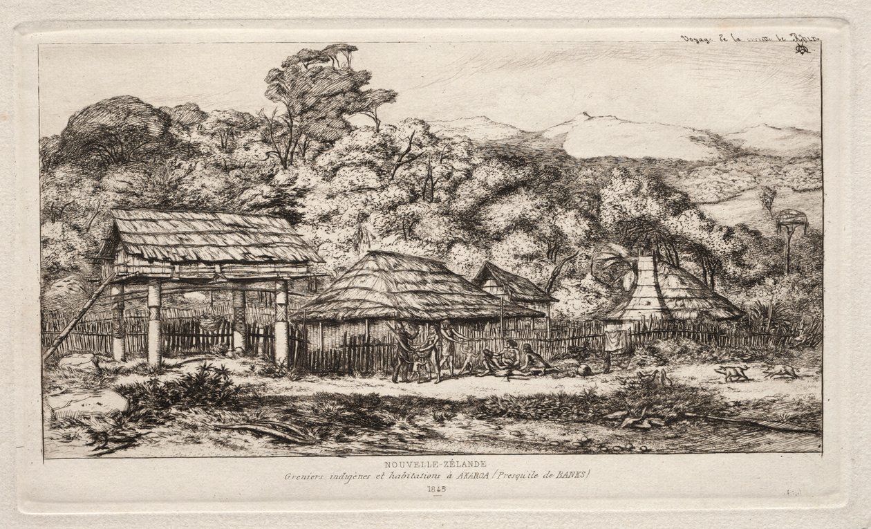 الحظائر الأصلية والأكواخ في أكاروا ، شبه جزيرة بانكس ، 1845 ، 1865. بواسطة تشارلز ميريون