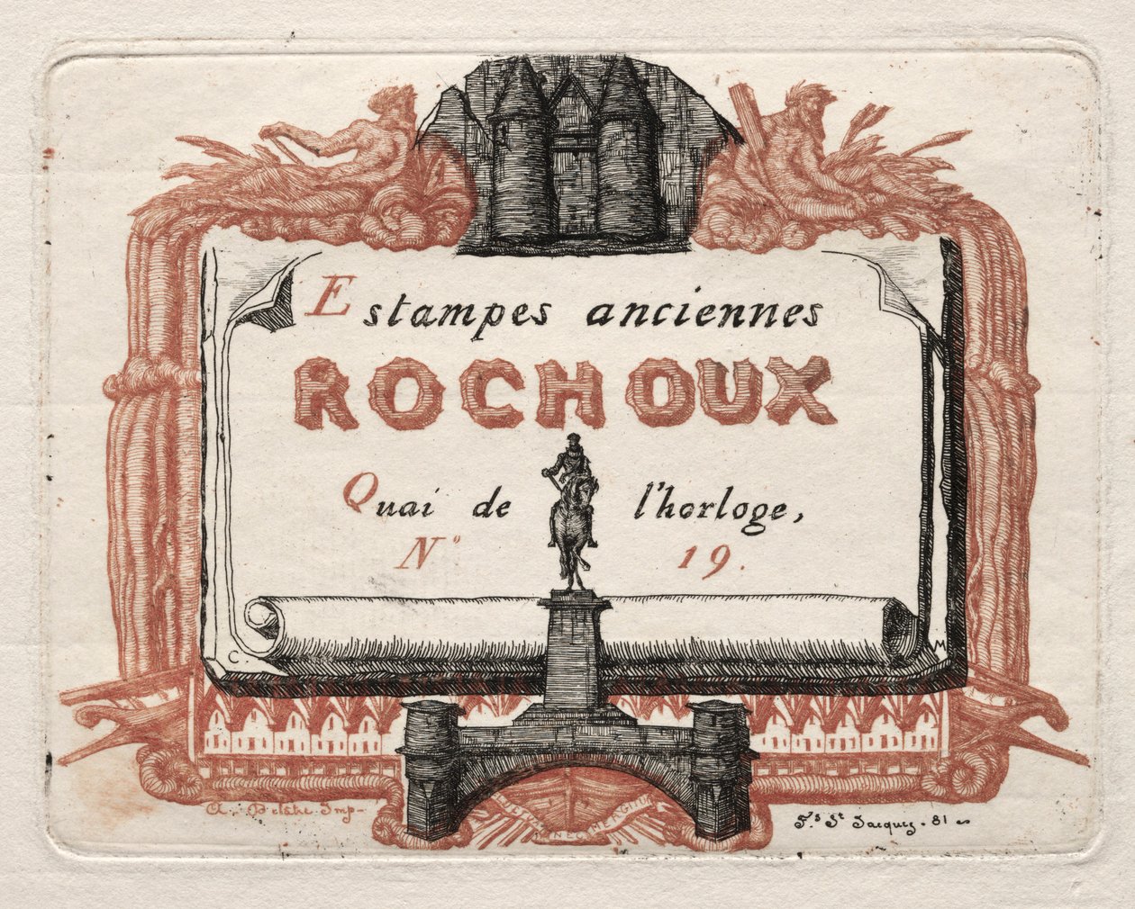 بطاقة عنوان Rochoux ، بائع مطبوعات ، ج. 1856. بواسطة تشارلز ميريون