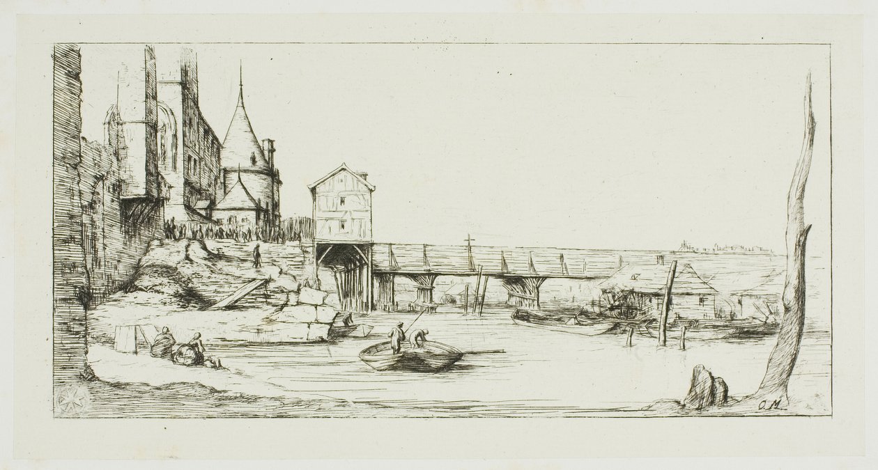 استبدال جسر المشاة مؤقتًا جسر Pont-au-Change ، باريس ، بعد حريق عام 1621 بواسطة تشارلز ميريون