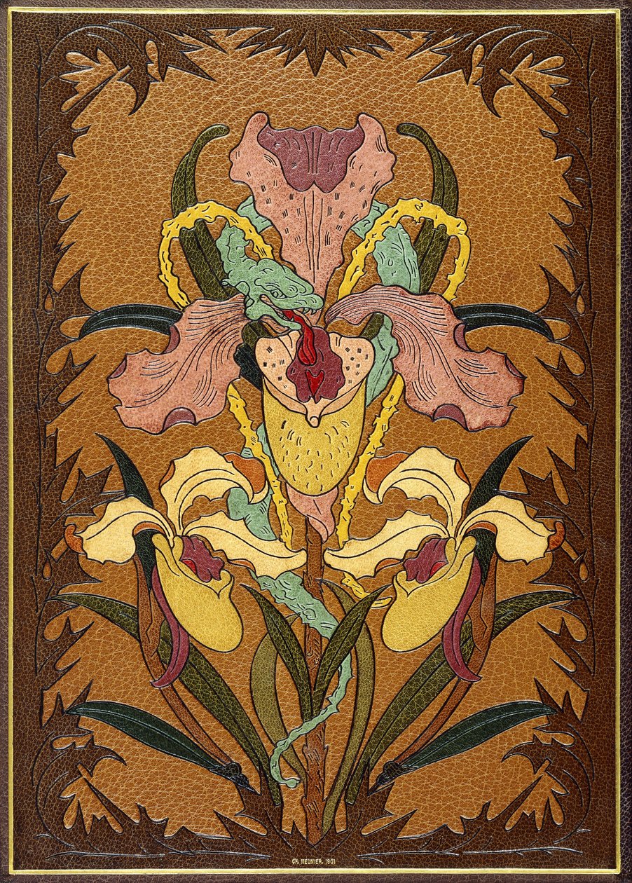 بطانة من &39;Les Fleurs du Mal&39; من تأليف تشارلز بودلير ، تصور ثعبانًا ملتفًا حول قزحية بواسطة تشارلز منيير