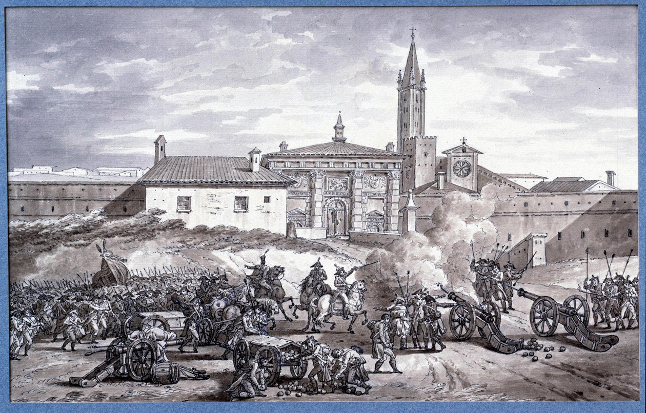 حملات إيطاليا: "" قام نابليون بونابرت (1769-1821) وماريشال أوجيرو بوضع باب فيرونا في إيطاليا بمدفع في عام 1796 "" "رسم بالقلم المنسوب إلى تشارلز مينير (1768-1832). خافت. 0،25x0،4 م. باريس ، متحف اللوفر بواسطة تشارلز ماينير