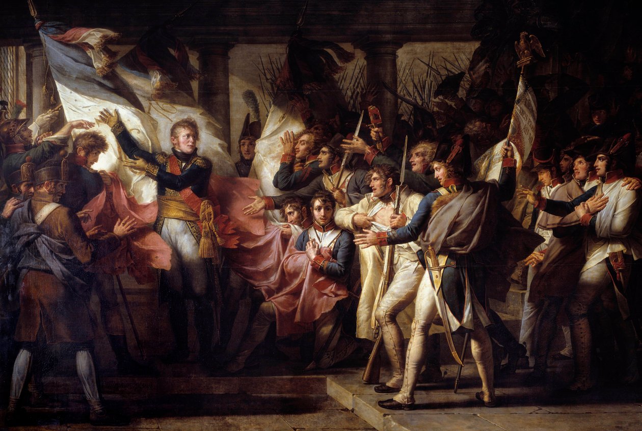 The Marechal Michel Ney (1769-1815) handed over to the soldiers of the 76th line regiment, their flags found on 7/11/1805 Episode following the Battle of Elchingen between the Napoleonic army and Austria. Painting by Charles Meynier (1768-1832) 1808 Sun. 3 بواسطة تشارلز ماينير