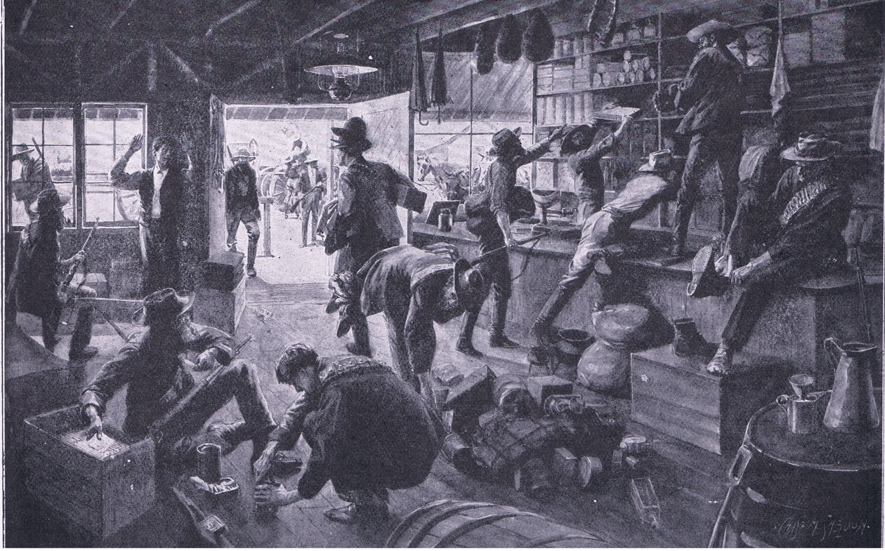 البوير ينهبون متجراً في ملكية نهر غرانج ، التوضيح من بعد بريتوريا: حرب العصابات ، 1902 بواسطة تشارلز ميلز شيلدون