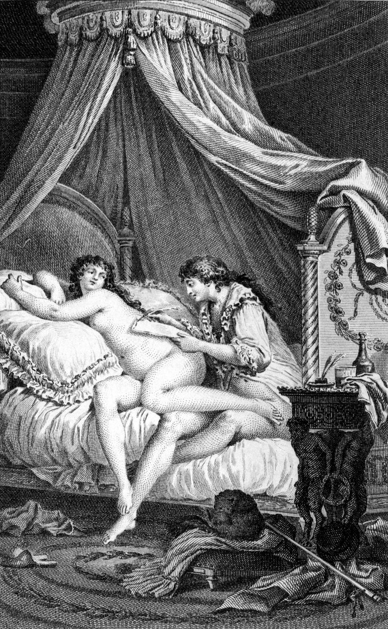 رسم توضيحي لـ "" Les Liaisons Dangereuses "" لـ Choderlos de Laclos. نقش تشارلز مونيه (1732 - 1808): كتب فالمونت رسالة على ظهر إميلي (مومس). بواسطة تشارلز مونيه