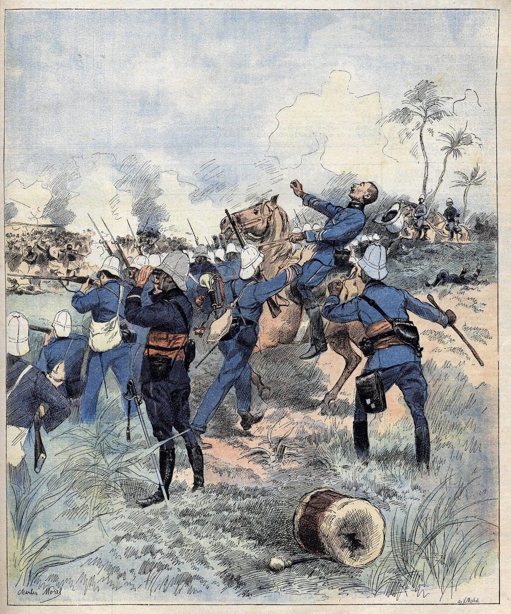 توفي القائد Faurax في معركة دوجبا في 19 سبتمبر 1892 في داهومي (بنين الآن) بعد Aquerelle de Morel عام 1892. بواسطة تشارلز موريل