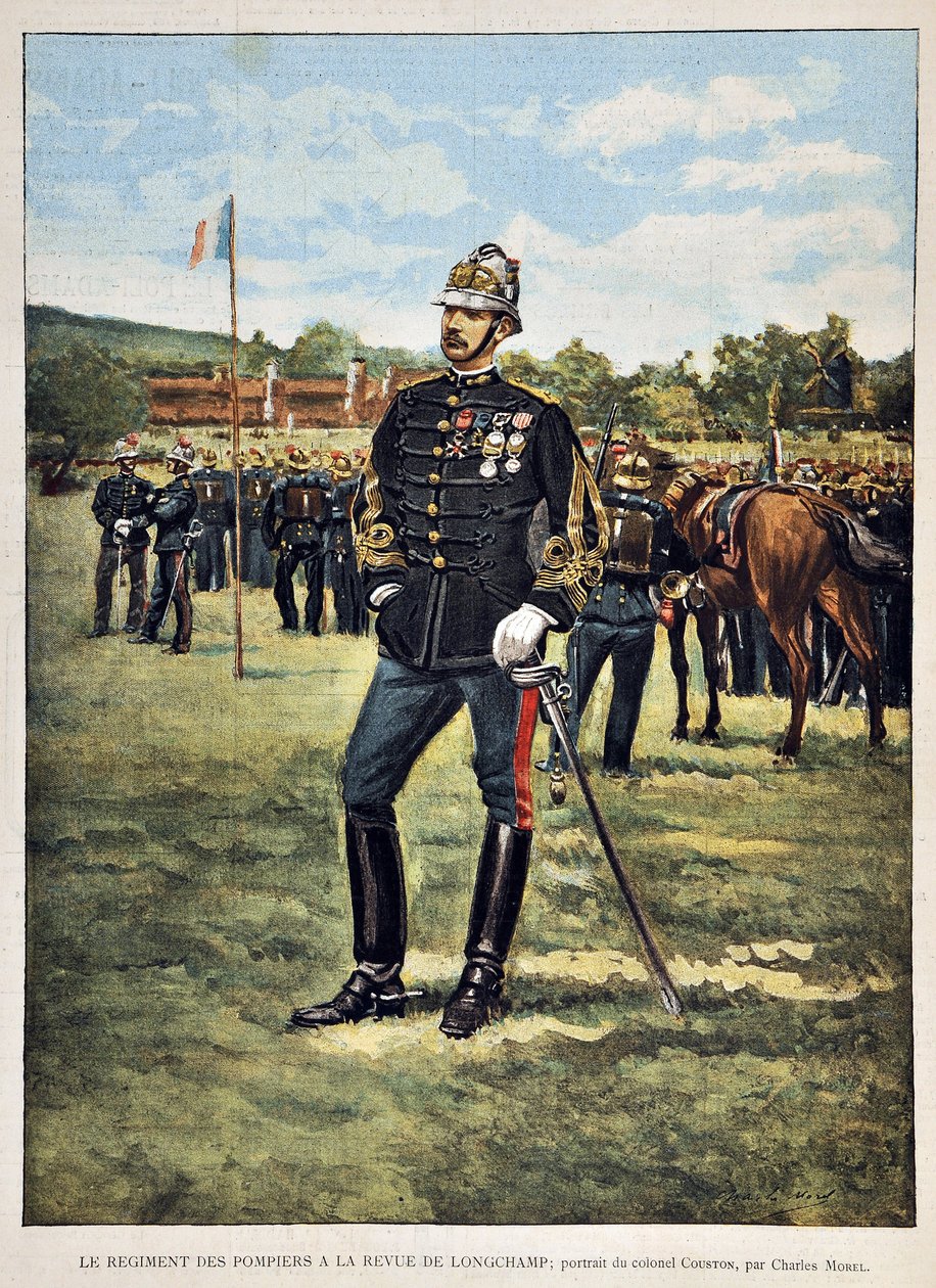 يمتلك فوج النار مجلة Longchamps (صورة العقيد Couston) ، رسم توضيحي بواسطة Charles Morel (1861-1908). نقش من عام 1887 في "" مجلة Paris-Illustrous الأسبوعية "". بواسطة تشارلز موريل