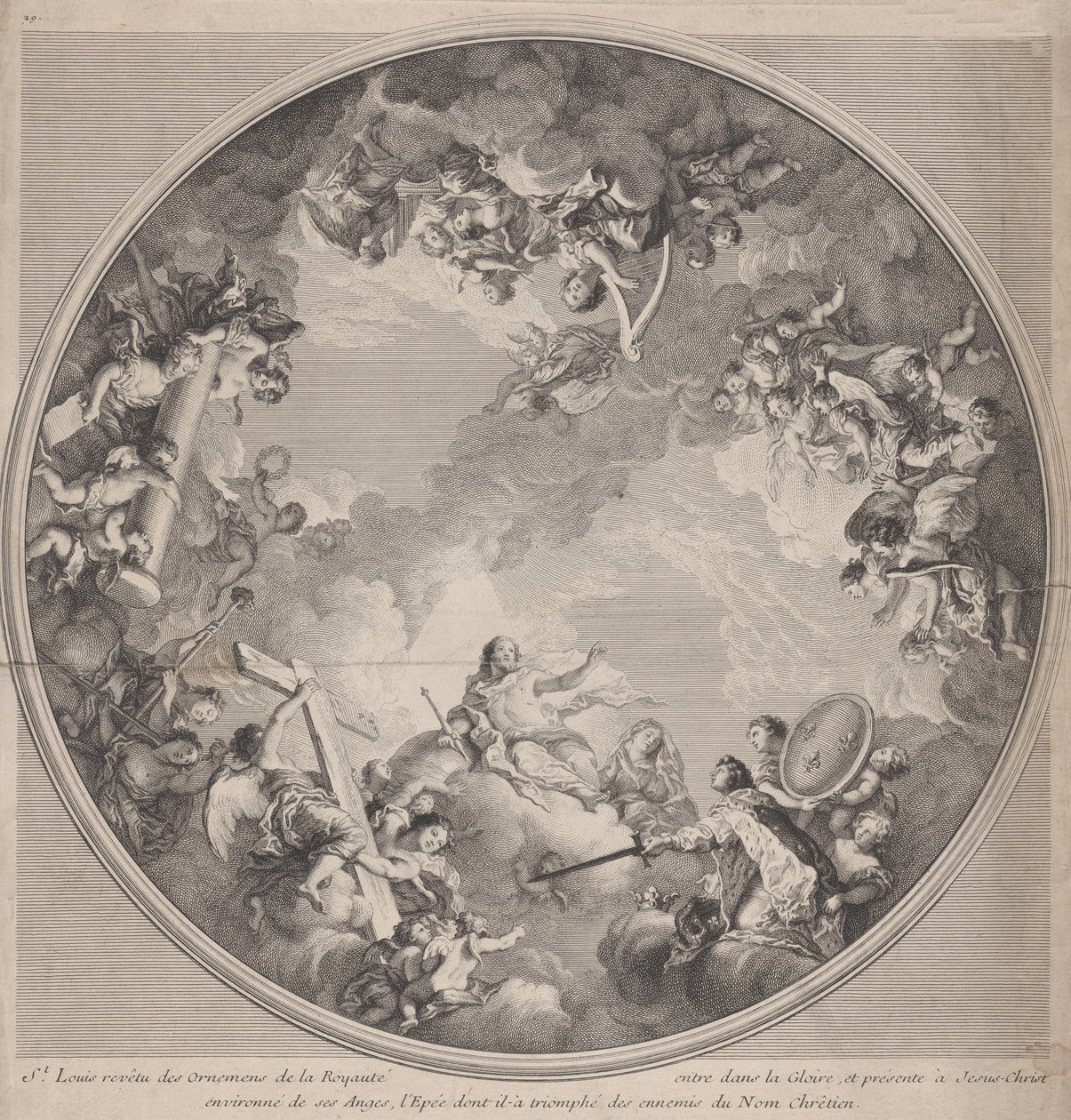 القديس لويس يقدم سيفه للمسيح ، بعد تصميم السقف ، 1755-1790. بواسطة تشارلز نيكولاس كوتشين