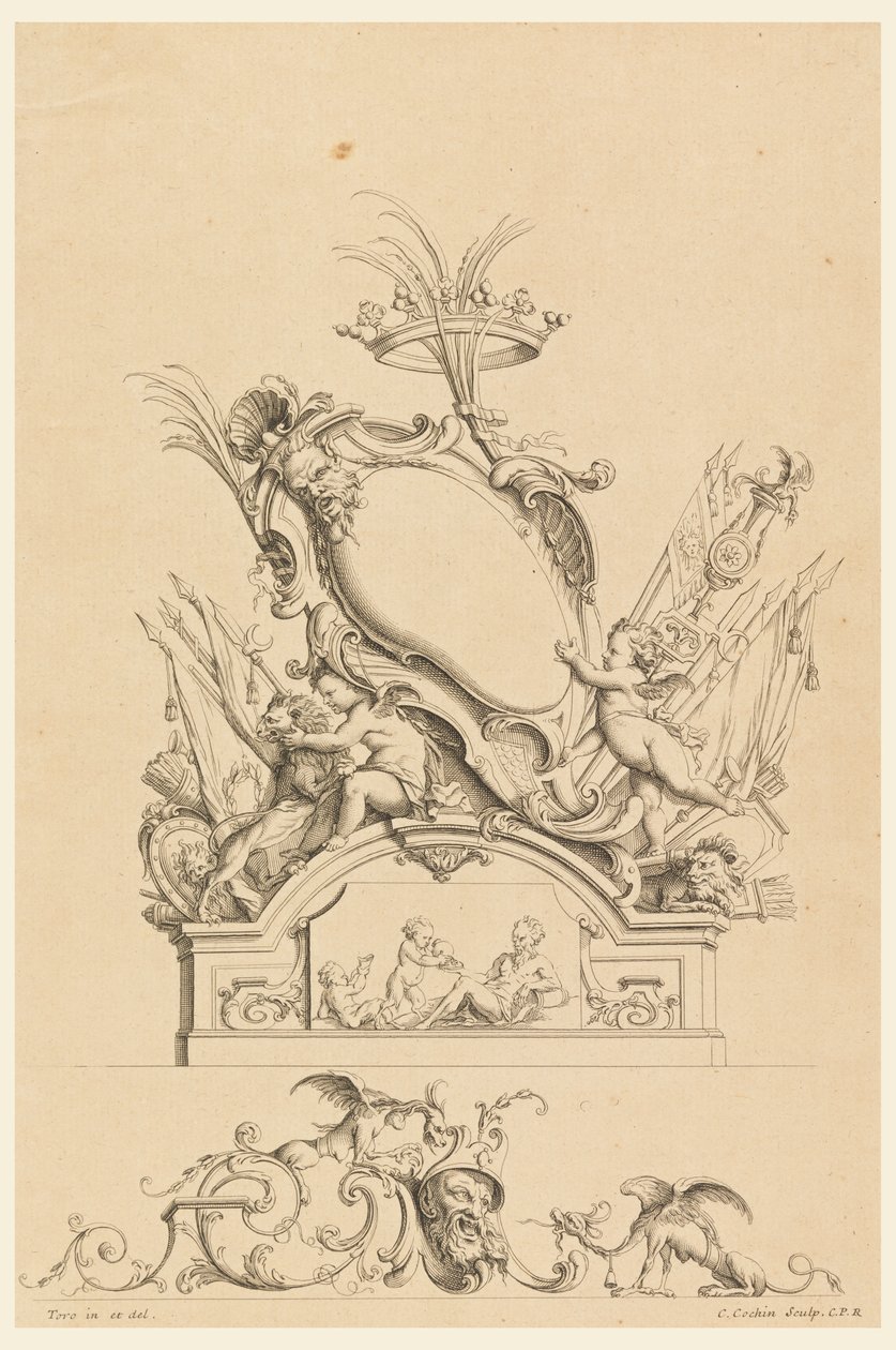 تصميم خرطوش مع تاج ، واثنين من Putti Serving Bacchus ، وأسدين من "Cartouches Nouvellement Inventez" بواسطة تشارلز نيكولاس كوشين الأصغر