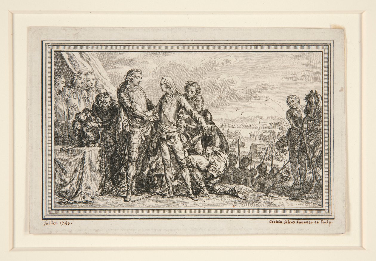 Le Roi arme le Dauphin a Fontenoy (The King Arms the Dauphin at Fontenoy) بواسطة تشارلز نيكولاس كوشين الأصغر