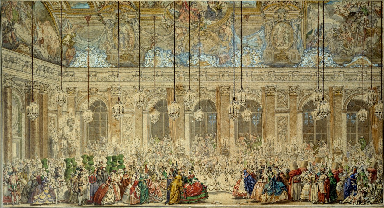 قناع الكرة أو كرة Ifs تُقدم لحفل زفاف لويس دوفين من فرنسا (1729-1765) مع ماري تيريز (ماري تيريز) من إسبانيا في معرض جلاس في فرساي في فبراير 1745 الرسم بالقلم والحبر من قبل تشارلز نيكولاس كوشين لي جون (1715-1790) بواسطة تشارلز نيكولاس الثاني كوتشين