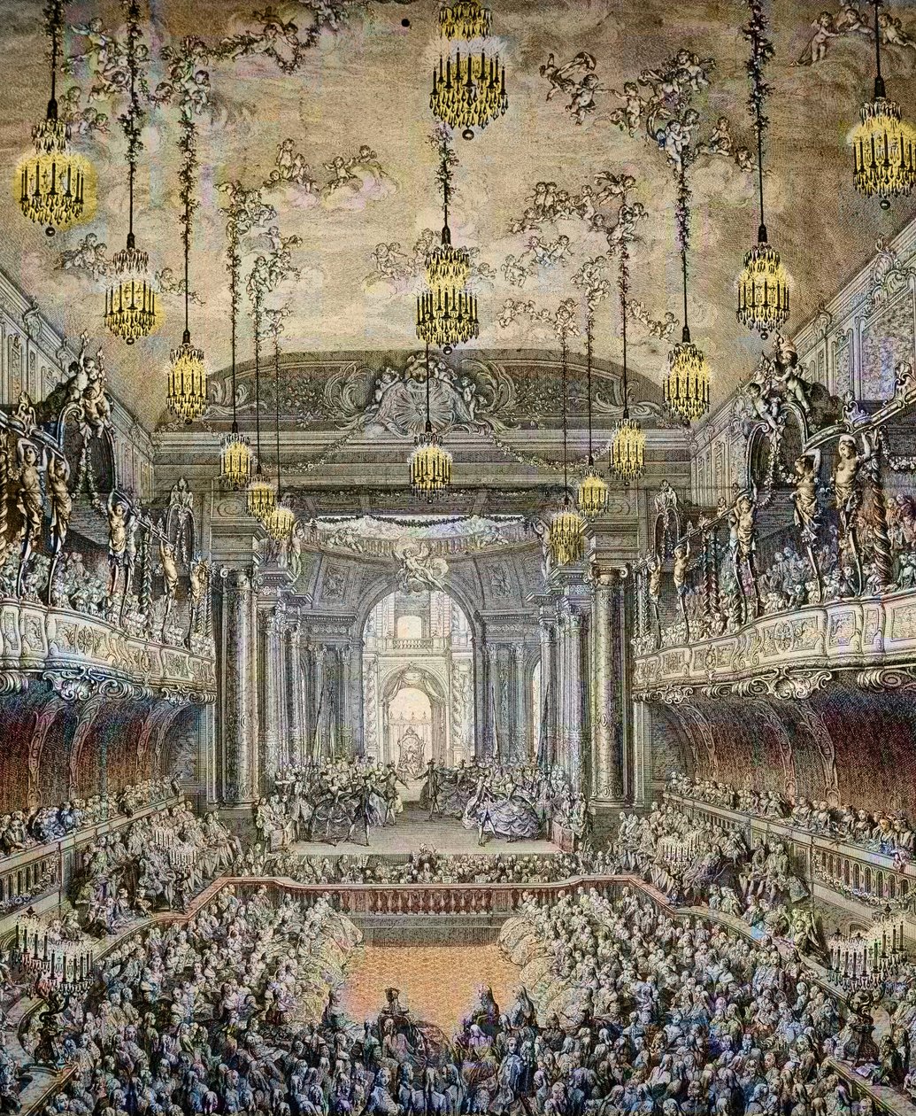 تمثيل كوميديا الباليه "La Princesse de Navarre" في فرساي ، بمناسبة زواج لويس دوفين من فرنسا مع ماري تيريز (ماري تيريز) من إسبانيا (1726-1746) في فرساي في 23 فبراير بواسطة تشارلز نيكولاس الثاني كوتشين