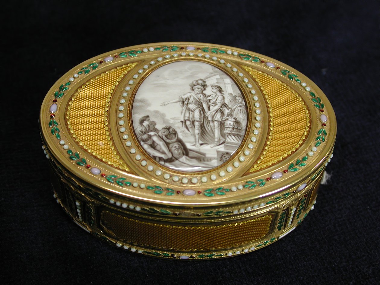 Snuffbox مع منمنمات تصور رحيل Telemachus من مصر ، 1780-81. بواسطة شارل اويزيل