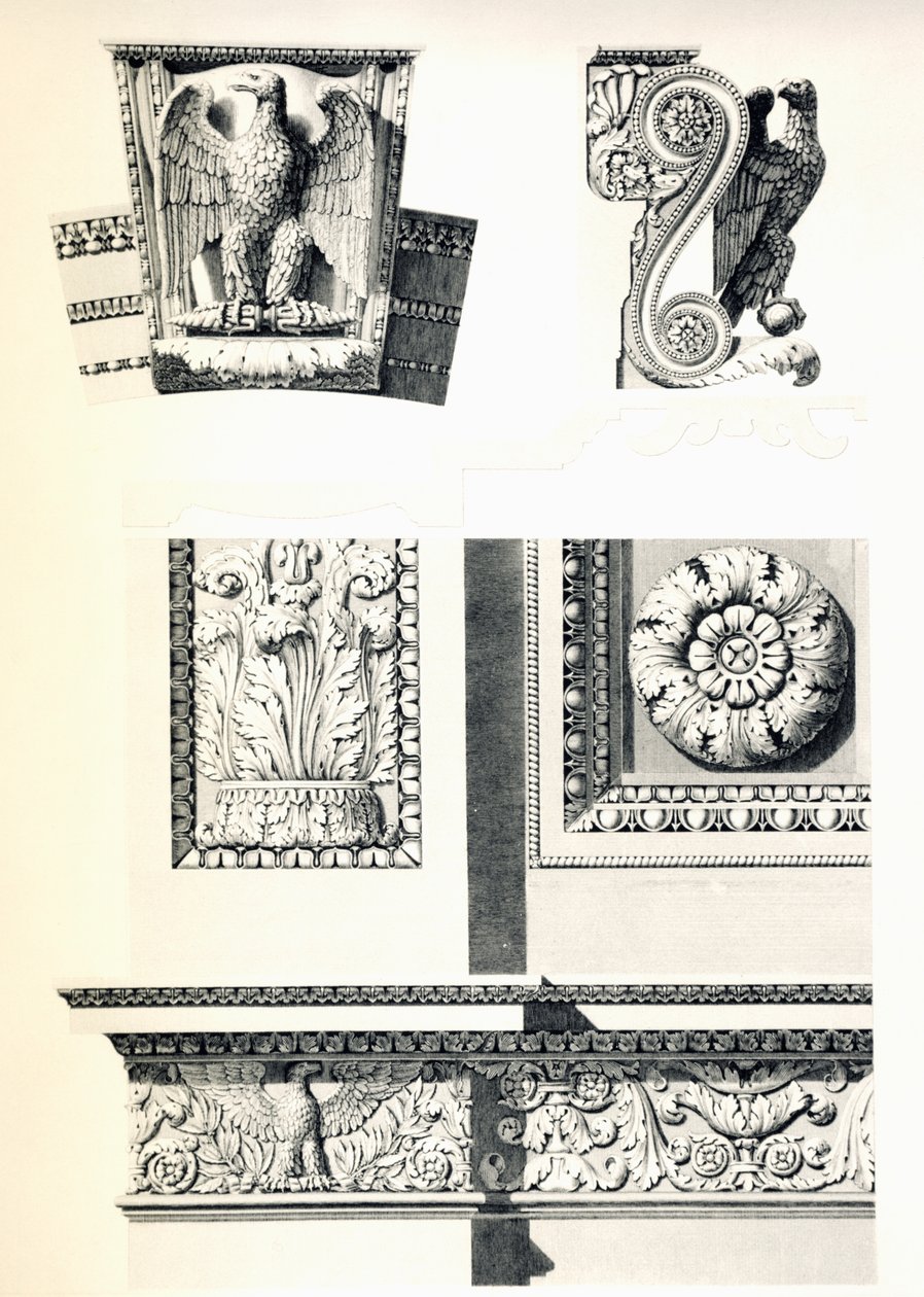 Decoration with eagles, rosettes and acanthus leaves for Arc de Triomphe du Carrousel, by Charles Percier (1764-1838) and Pierre Francois Leonard Fontaine (1762-1853), engraving by Louis Pierre Baltard (1764-1846), detail, France بواسطة تشارلز بيرسييه