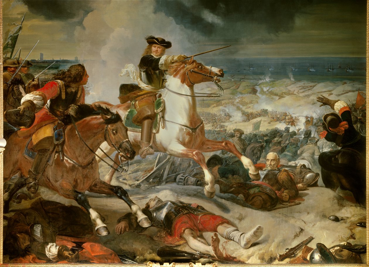 حرب الثلاثين عامًا: "" معركة الكثبان الرملية في مقر دونكيرك التي فاز بها الماريشال هنري دي لا تور دي أوفيرني ، فيكونت توريني (1611-1675) على الجيش الإسباني في يونيو 1658 "لوحة لتشارلز فيليب لاريفير ( 1798-1876) 1837 شمس. 4،6x5،4 م. - ثي بواسطة تشارلز فيليب لاريفيير