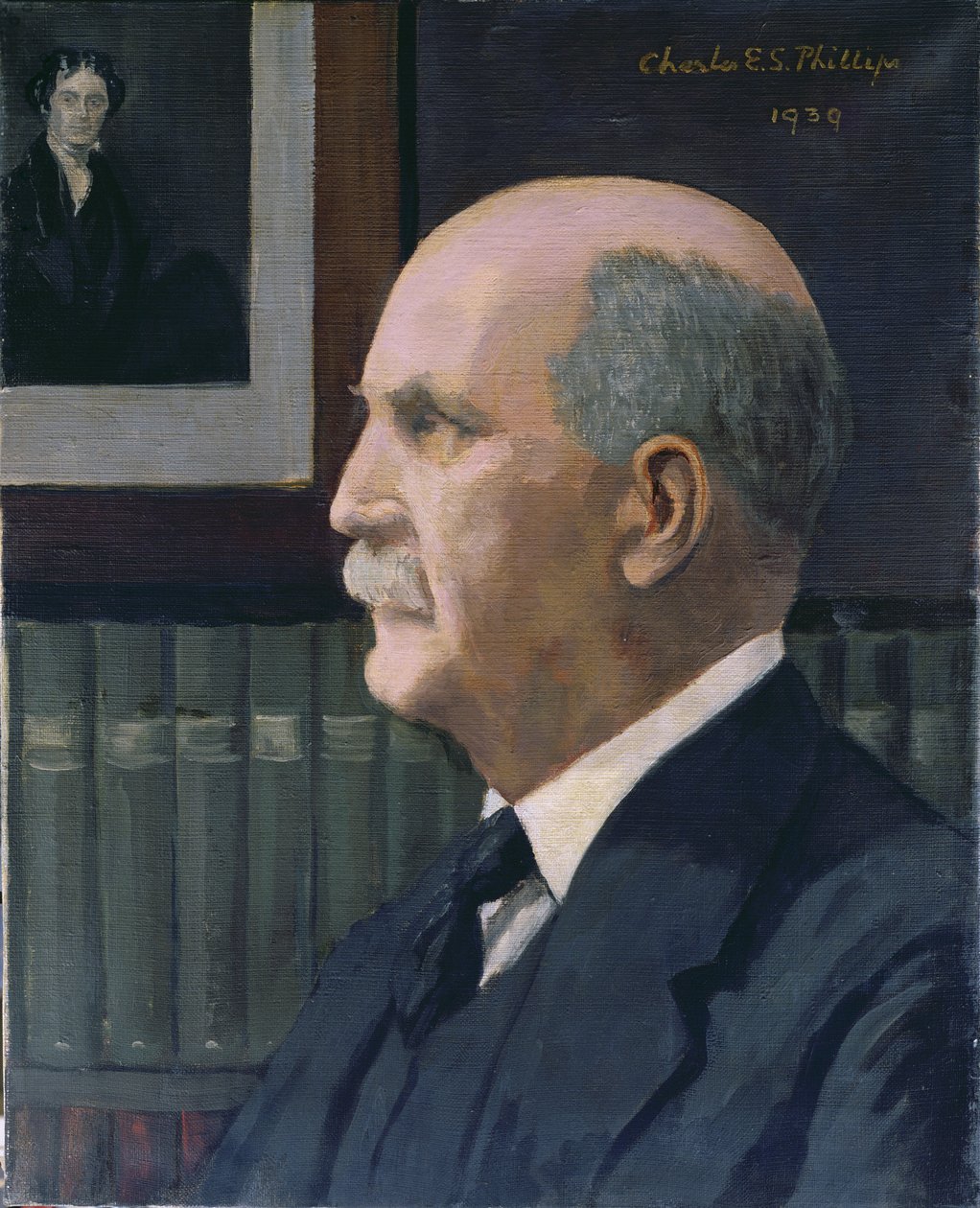 وليام هنري براج (1862-1942) مع صورة لمايكل فاراداي (1791-1867) في الخلفية ، 1939 بواسطة تشارلز فيليبس