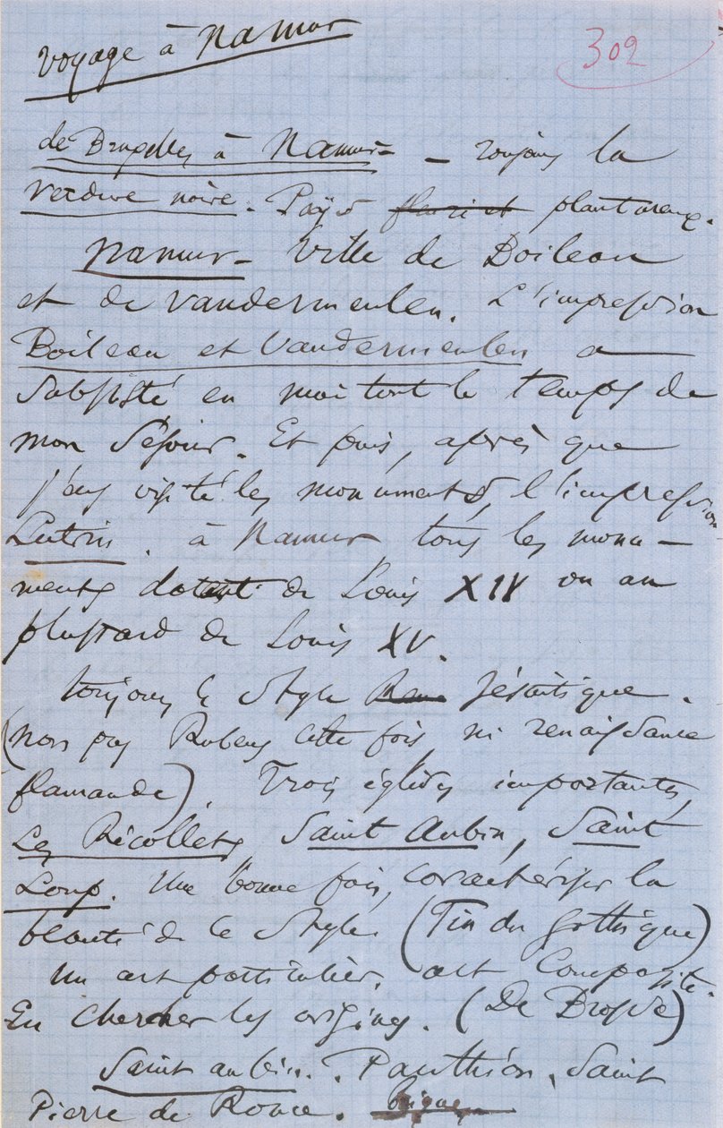صفحة 302 من كتيب Baudelaire "Pauvre Belgique" الذي يصف رحلته إلى نامور ، 1864 بواسطة تشارلز بيير بودلير
