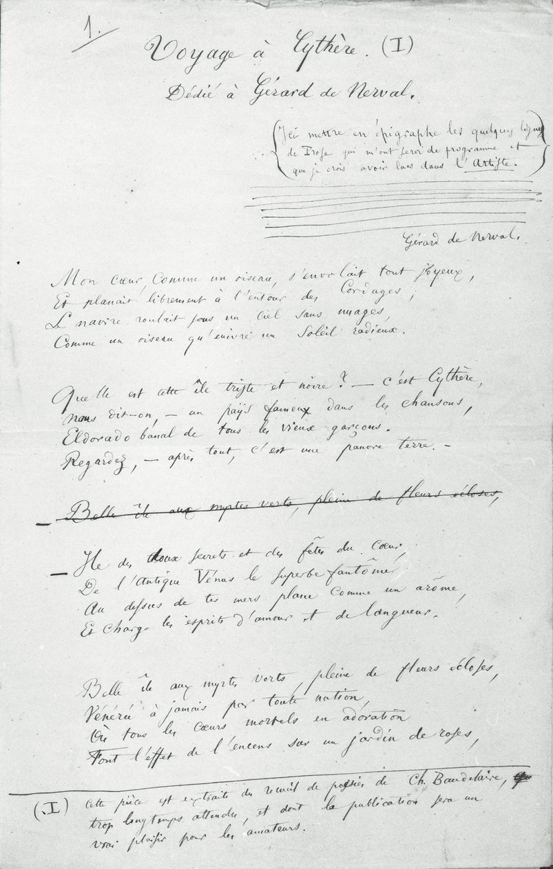 قصيدة توقيع "Voyage a Cythere" (قلم وحبر على ورق) (صورة بالأبيض والأسود) بواسطة تشارلز بيير بودلير