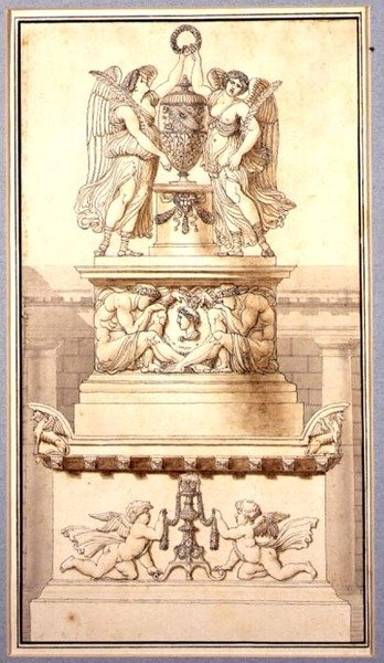 تصميم لنصب جنائزي لجنرال روماني ، حوالي 1800 (طباشير وقلم حبر وحبر وغسل على ورق) بواسطة تشارلز بيير جوزيف نورمان
