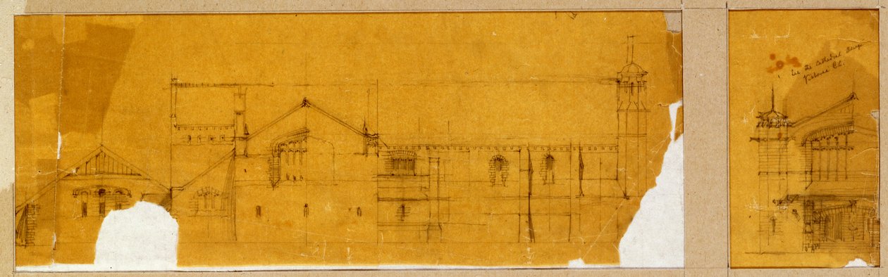 تصميم لواجهة كنيسة معروضة في الارتفاع ، وتصميم فرعي لمدخل الكنيسة ، موضح في الارتفاع ، 1895-99 بواسطة تشارلز ريني ماكينتوش