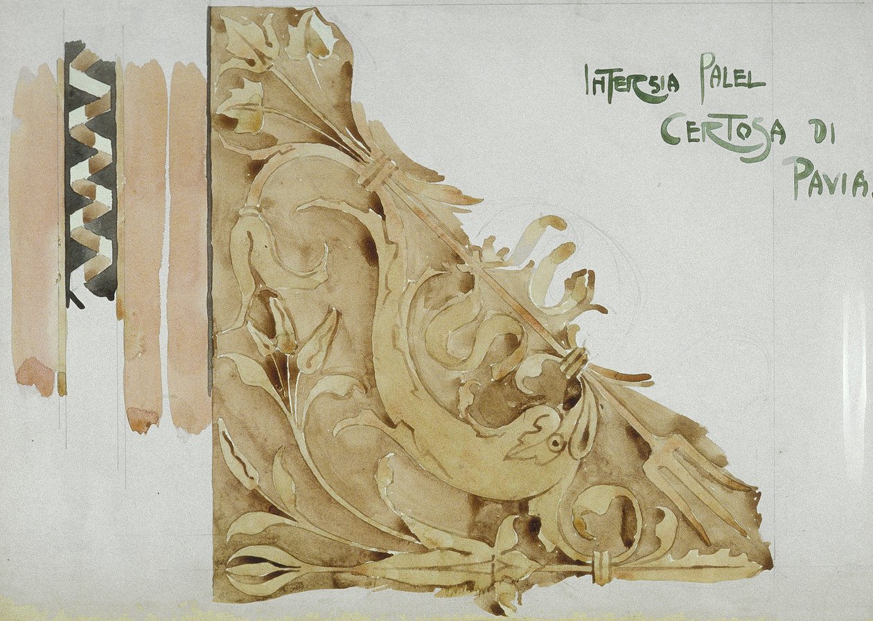 Intarsia Panel، Certosa di Pavia، 1891 (قلم رصاص وألوان مائية على ورق) بواسطة تشارلز ريني ماكينتوش