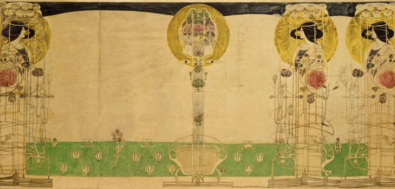 التصميم الأولي للزخرفة الجدارية لغرفة الطابق الأول في قاعة شارع بوكانان في Miss Cranston&39;s ، 18967 (قلم رصاص ومرحاض على ورق استشفاف) بواسطة تشارلز ريني ماكينتوش