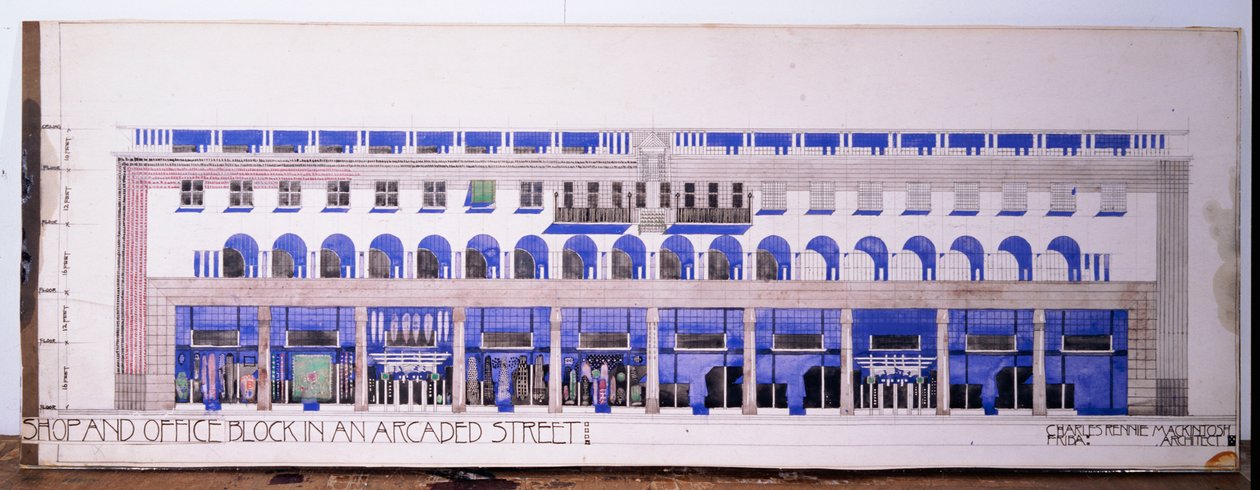 رسومات معمارية غير مسجلة من قبل لمتجر وشارع مقنطر ، حوالي عام 1915 بواسطة تشارلز ريني ماكينتوش