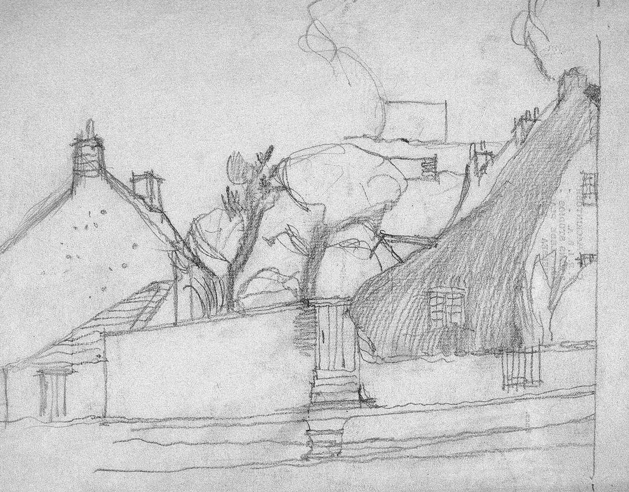 رسم تخطيطي للقرية الإنجليزية بسقف من القش في المقدمة ، حوالي 1920 بواسطة تشارلز ريني ماكينتوش